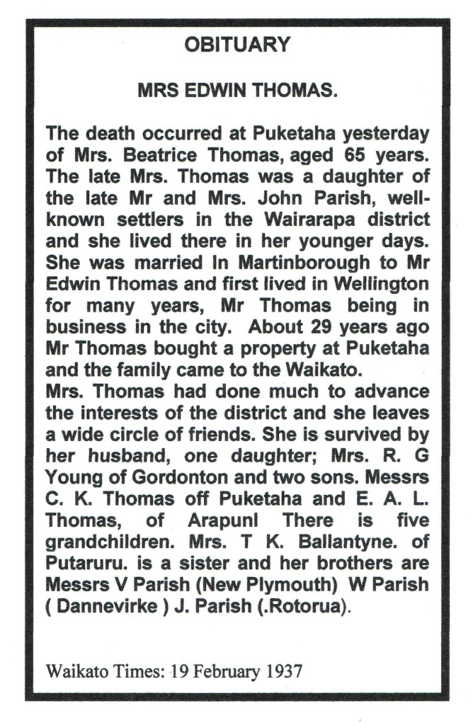 Mrs E Thomas Obit 1937